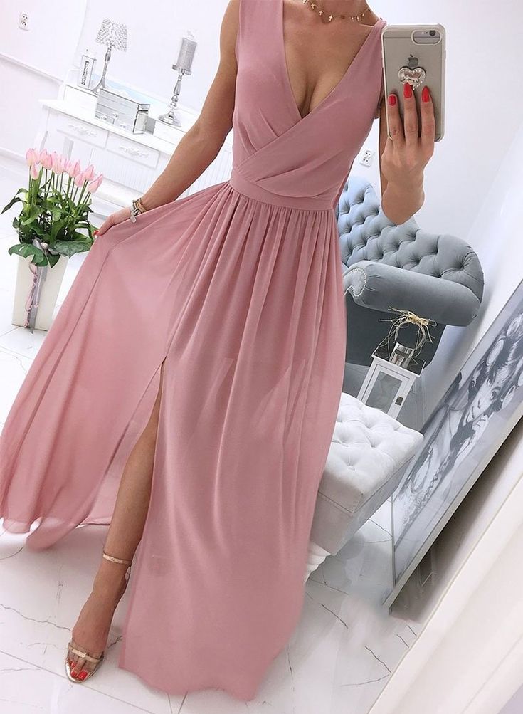 Sexy Deep V Neck A Line Prom Dress High Slit Simple Chiffon Pink