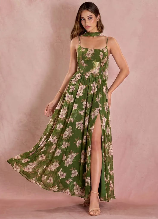 Azazie Fiora Green Floral Maxi Dress