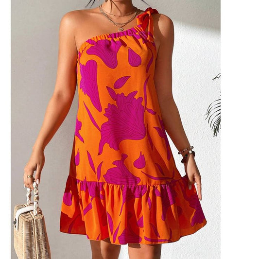 Maternity Vibrant Floral Print One Shoulder Ruffle Hem Mini Dress
