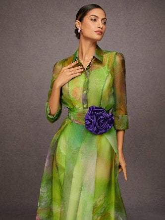 Elegant Abstract Print Maxi Dress With Floral Belt