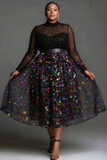 Xpluswear Design Plus Size Party Tulle Multicolor Mock Neck Long