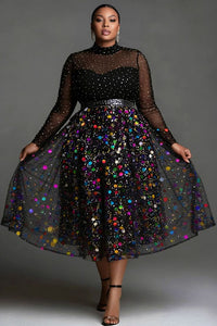 Xpluswear Design Plus Size Party Tulle Multicolor Mock Neck Long