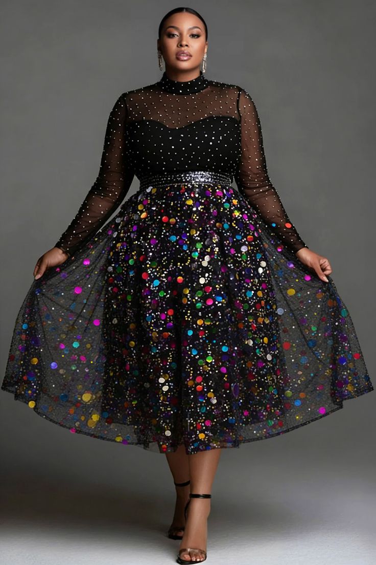 Xpluswear Design Plus Size Party Tulle Multicolor Mock Neck Long