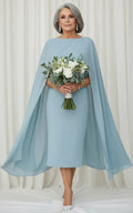 Dusty Blue Midi Sheath Mother Of The Bride Dress With Cape