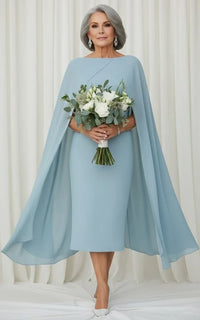 Dusty Blue Midi Sheath Mother Of The Bride Dress With Cape