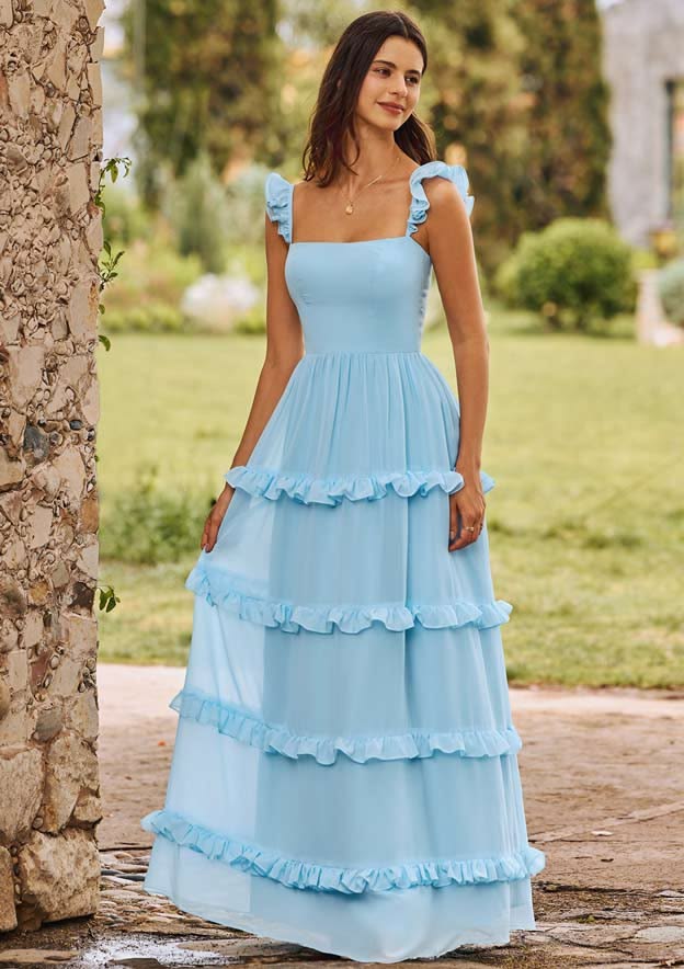 A Line Ruffle Straps Square Neckline ChiffonTiered Maxi Bridesmaid
