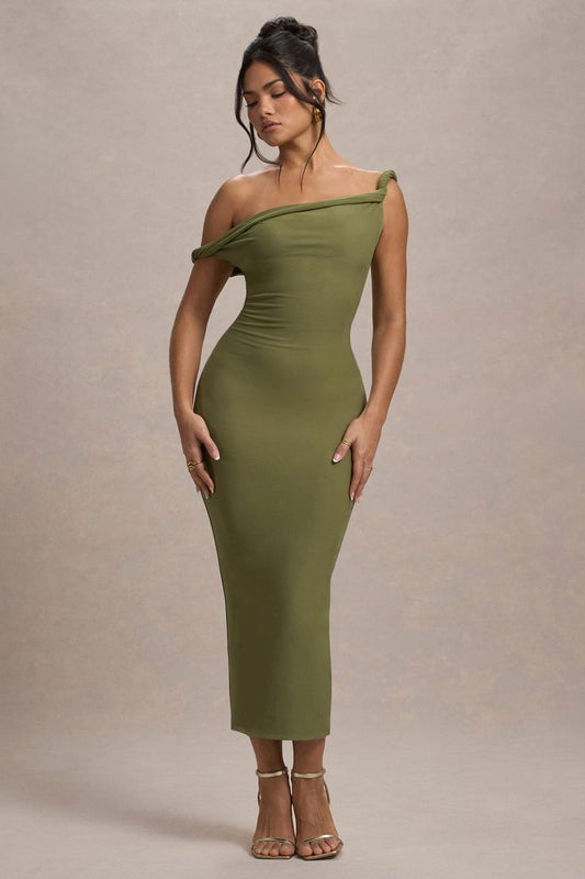 Salome Olive Twisted Asymmetric Midi Dress