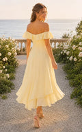 Wedding Guest Dress Daffodil Chiffon A Line Off Shoulder Short Sleeve