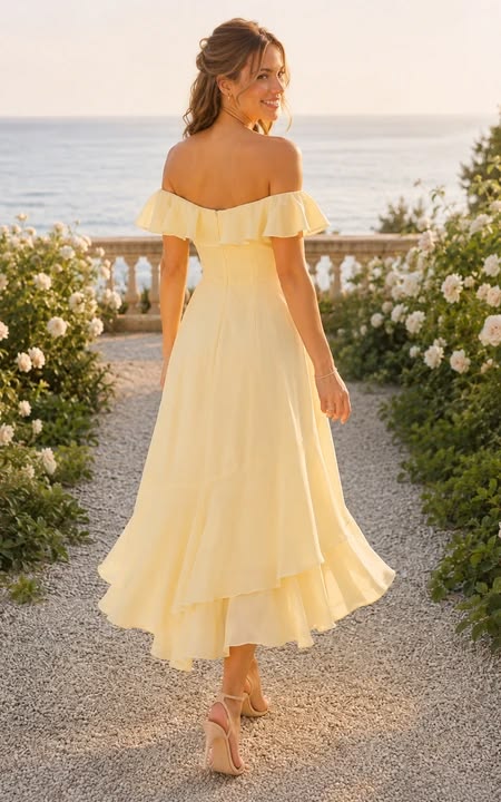 Wedding Guest Dress Daffodil Chiffon A Line Off Shoulder Short Sleeve