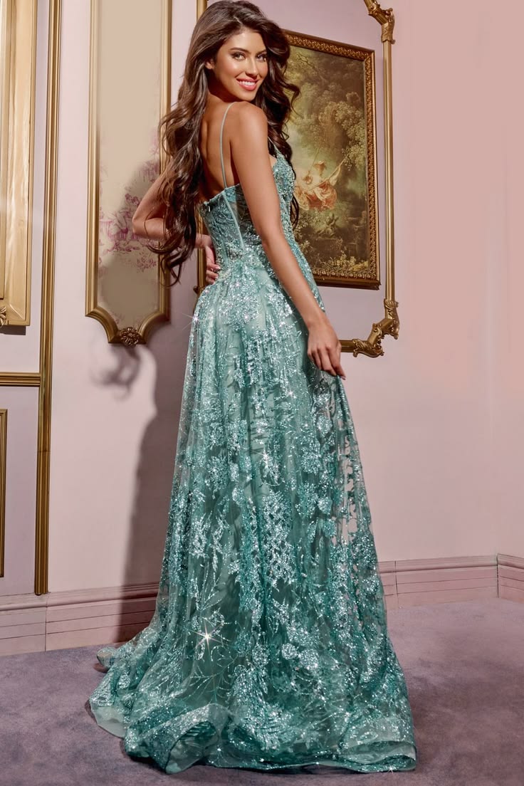 Beaded Long Formal A Line Prom Dress Sage