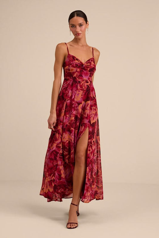 Beautiful Soul Burgundy Floral Print Twist Front Maxi Dress