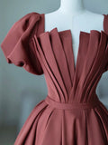 Elegant Satin Pleated Long Prom Dress, A Line Short Sleeve Evening