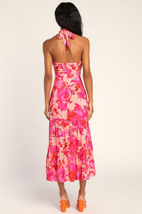 Always Eye Catching Hot Pink Floral Tiered Halter Midi Dress