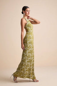 Lamila Chartreuse Floral Satin Column Maxi Dress