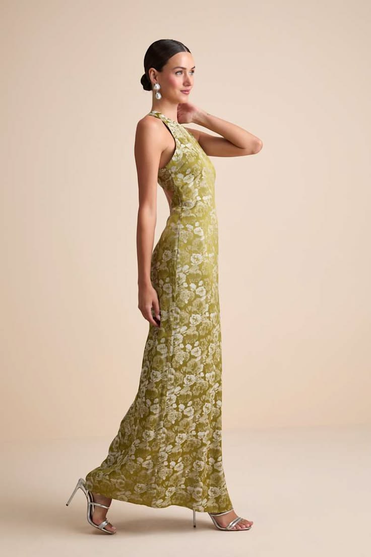Lamila Chartreuse Floral Satin Column Maxi Dress