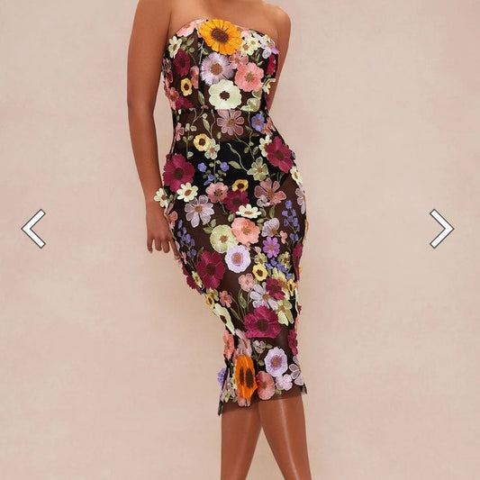 Fashion Nova Dress Floral Strapless Dress Color: Pink Yellow Size: S