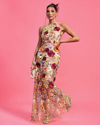 Beige Maraya Floral Applique Maxi Dress Colorful