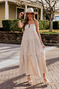 Beige Modern Muse Poplin Tiered Maxi Dress In Iced Latte