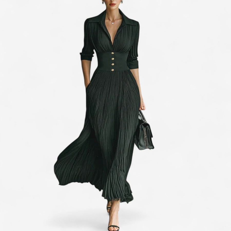 Bellona | Women's Collared Pleated Long Sleeve Maxi Dress