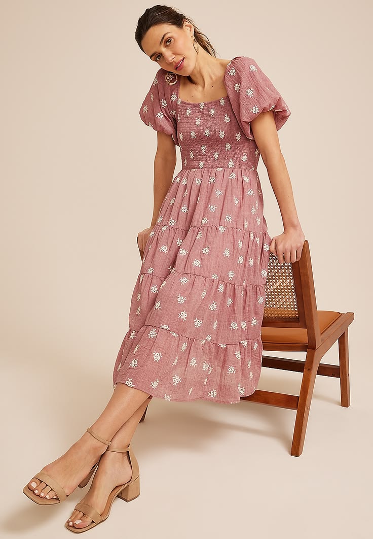 Embroidered Floral Smocked Bubble Sleeve Midi Dress