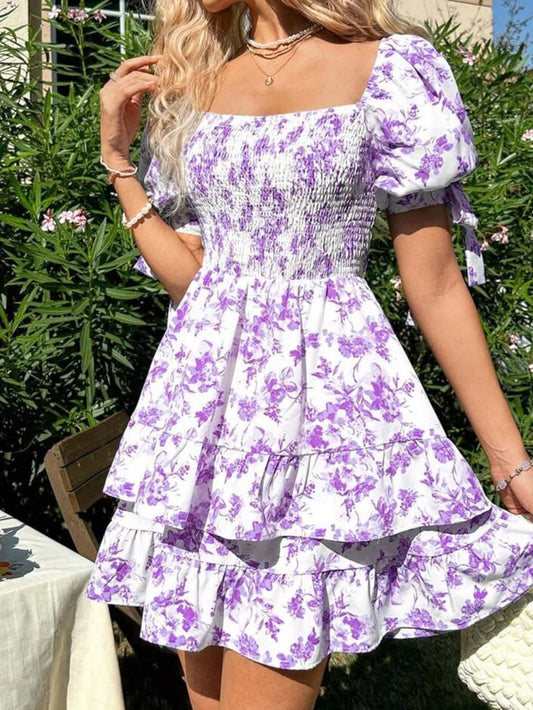 Floral Smocked Mini Dress in Purple