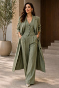 Elegant Sage Green Women's 3 Piece Suit Set Long Blazer Coat, Vest &