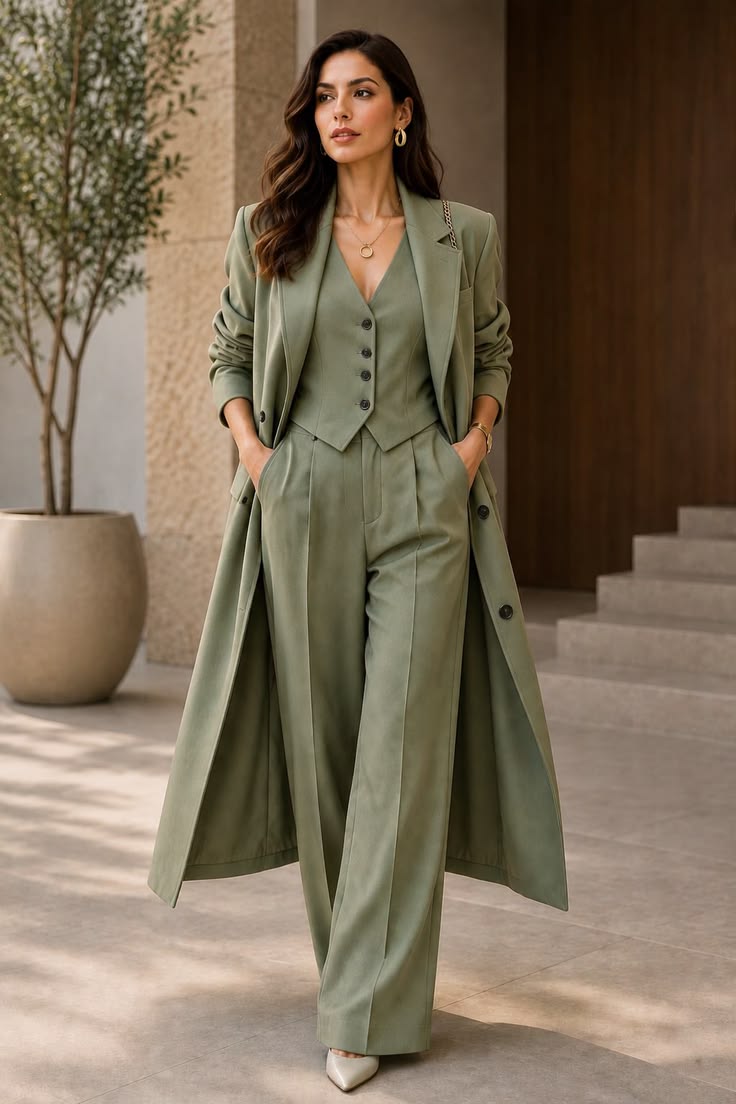 Elegant Sage Green Women's 3 Piece Suit Set Long Blazer Coat, Vest &