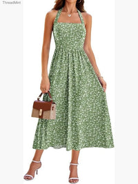 Halter Midi Dress With Pockets Sleeveless Drop Waist Swing A Line