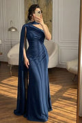 Elegant Dark Navy One Shoulder Mermaid Prom Dress Sheath Long With