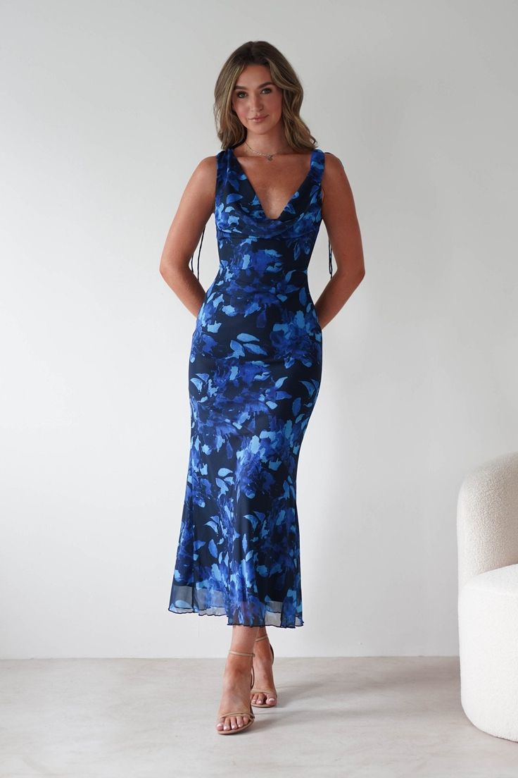 Donatella Mesh Floral Maxi Dress Blue Print Wedding Guest Dress Maxi