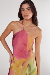 Satin Floral Ombre Halter Neck Cowl Back Maxi Dress
