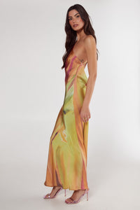 Satin Floral Ombre Halter Neck Cowl Back Maxi Dress