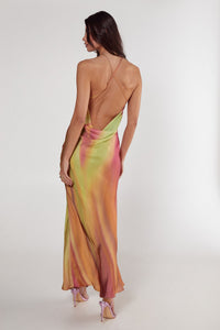 Satin Floral Ombre Halter Neck Cowl Back Maxi Dress