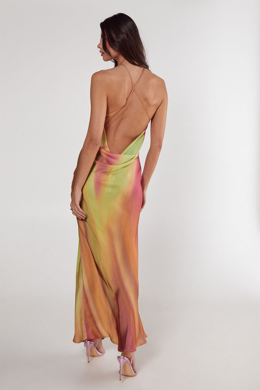 Satin Floral Ombre Halter Neck Cowl Back Maxi Dress