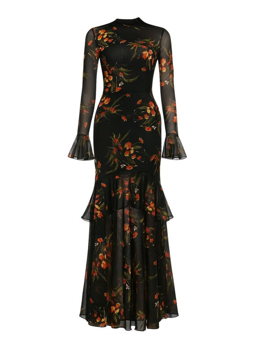 Black 1930s Floral Mesh Ruffle Maxi Dress Black
