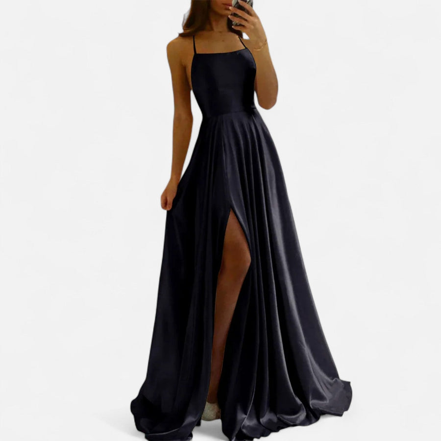 Margaret | Womens Modern Fit Satin Slit Maxi Dress Black