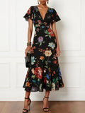 Black Floral Chiffon V Neck Short Sleeve Bell Sleeve A Line Midi Dress