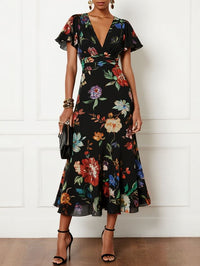 Black Floral Chiffon V Neck Short Sleeve Bell Sleeve A Line Midi Dress