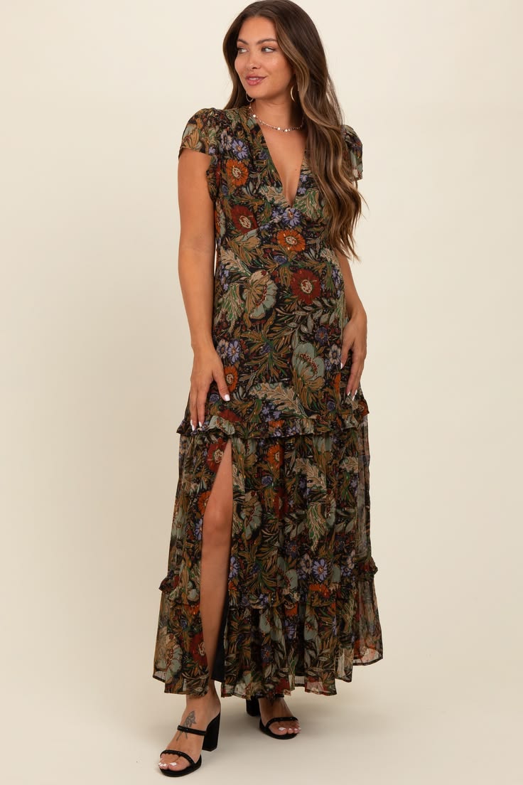 Black Floral Deep V Neck Tiered Maternity Maxi Dress