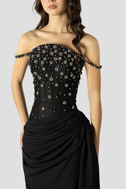 Black Floral Embroidered Draped Dress