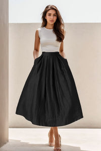 Black Linen Midi Skirt With Pleated Waist And Elastic Back