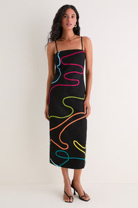 Black Linen & Technicolor Soutache Electra Maxi Dress