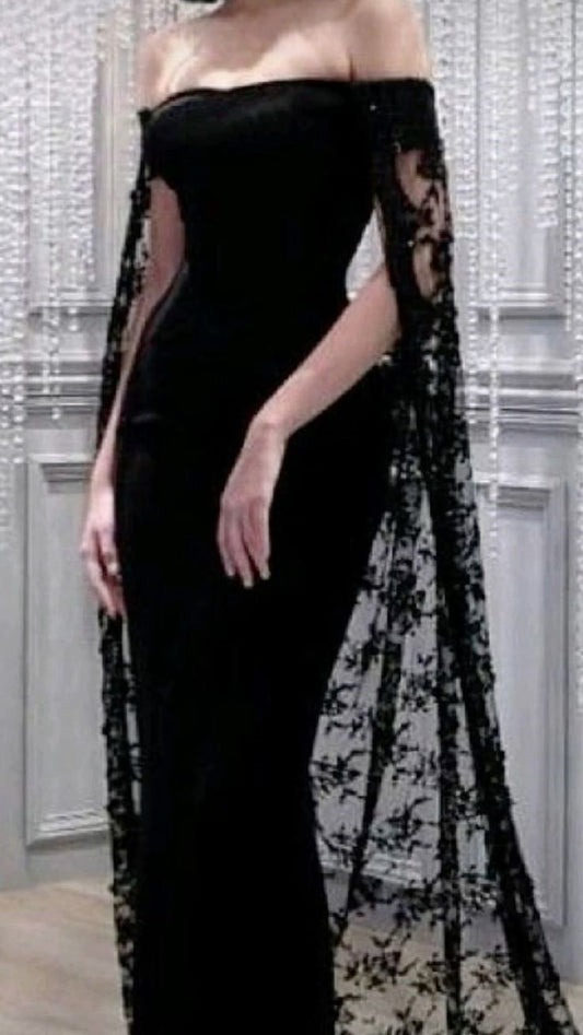 Black Noble And Elegant Mermaid Slim Lace Cape Elegant Long Floor