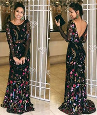 Black Sheath Embroidery Prom Dress Scoop Sheer Long Sleeve Floral