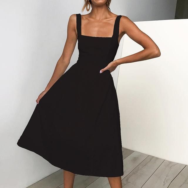Black Square Neck Midi Dress