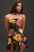 Black Strapless Floral Organza Mini Dress