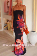 Black Strapless Tube Bodycon Floral Maxi Dress