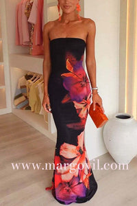Black Strapless Tube Bodycon Floral Maxi Dress