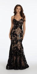 Black Two Tone Sequin Floral Lace Plunging Corset Mermaid Dress