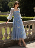 Blue 1930s Floral Embroidered Mesh Long Sleeve Dress Blue